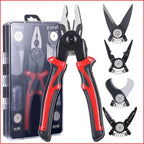 Universal plier handle fitted with standard plier head shown next to a transparent carry case and four replacement heads.