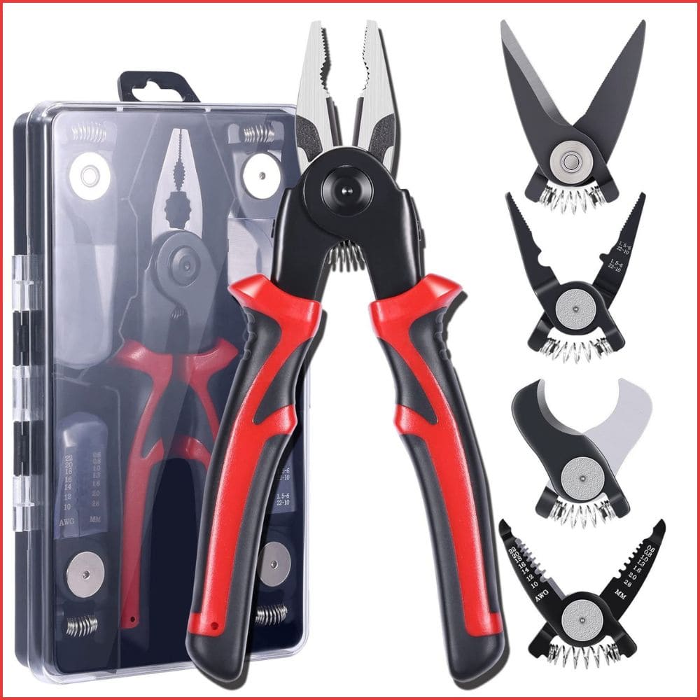 Universal plier handle fitted with standard plier head shown next to a transparent carry case and four replacement heads.
