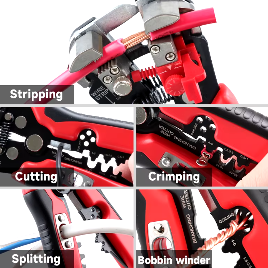 Step-by-step visual demonstration of stripping, cutting, crimping, wire splitting, and bobbin winding functions.