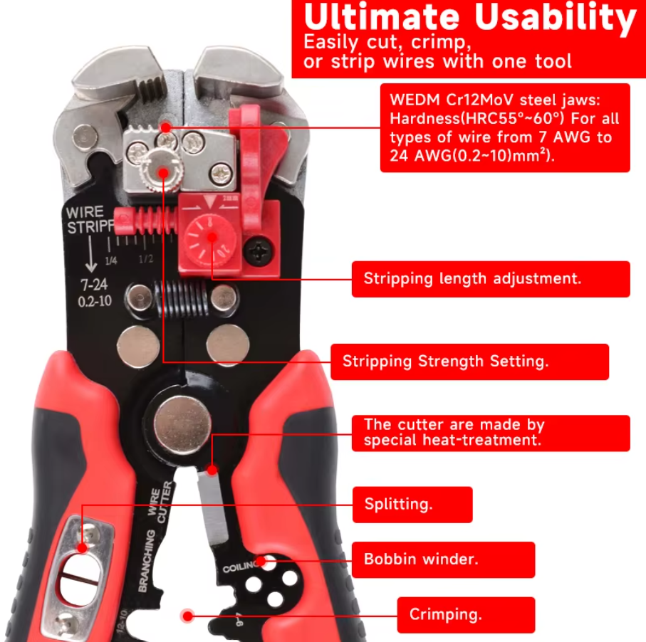 Diagram labeling key parts of the wire stripper including Cr12MoV steel jaws, length adjustment knob, tension setting, cutter, and crimper.