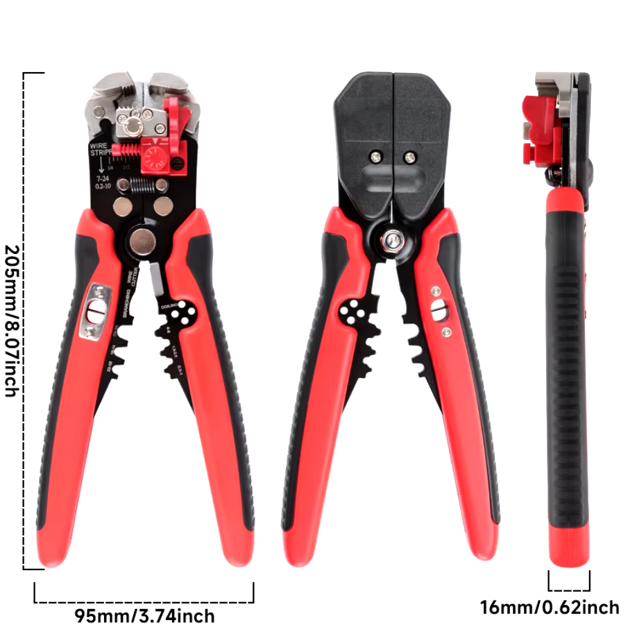 Dimensional diagram showing the front, back, and side views of the 8.07-inch wire stripping pliers.