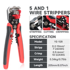 Product overview graphic with a specifications table detailing stripping capacity, crimping range, tool weight, and length.