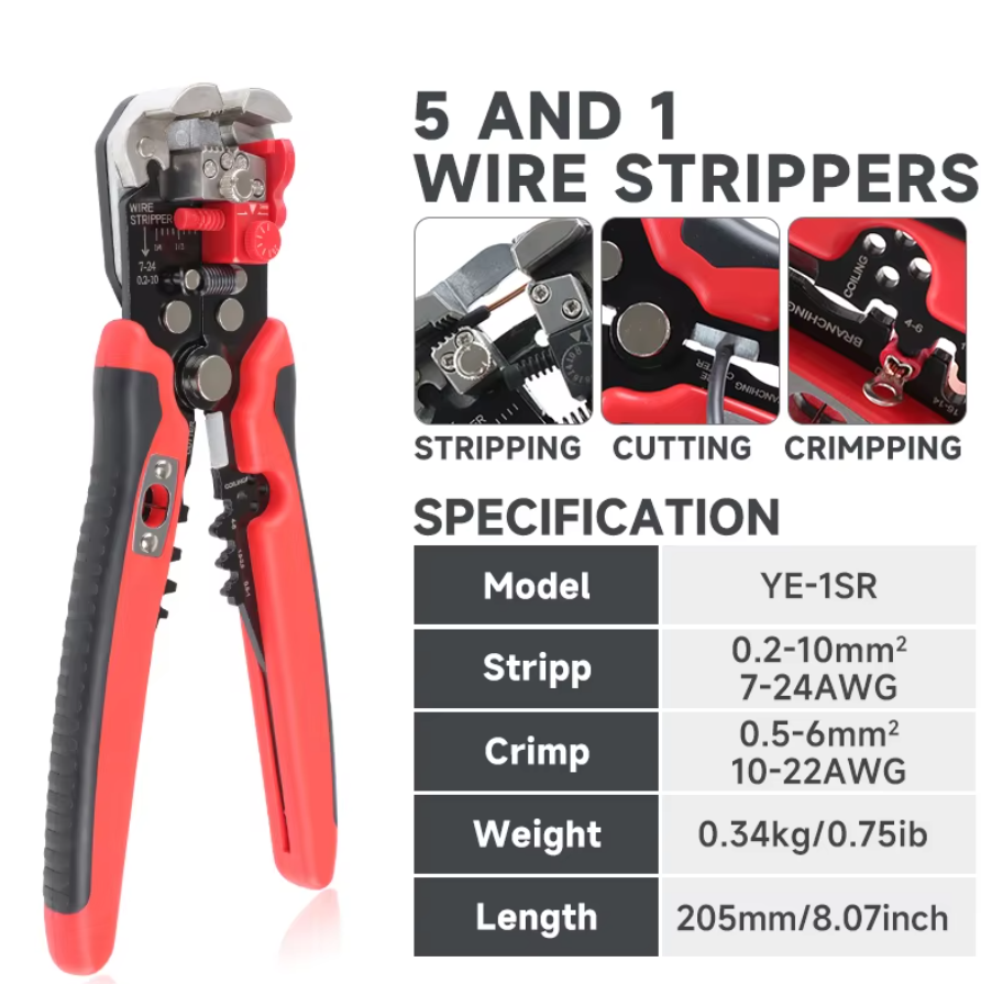 Product overview graphic with a specifications table detailing stripping capacity, crimping range, tool weight, and length.