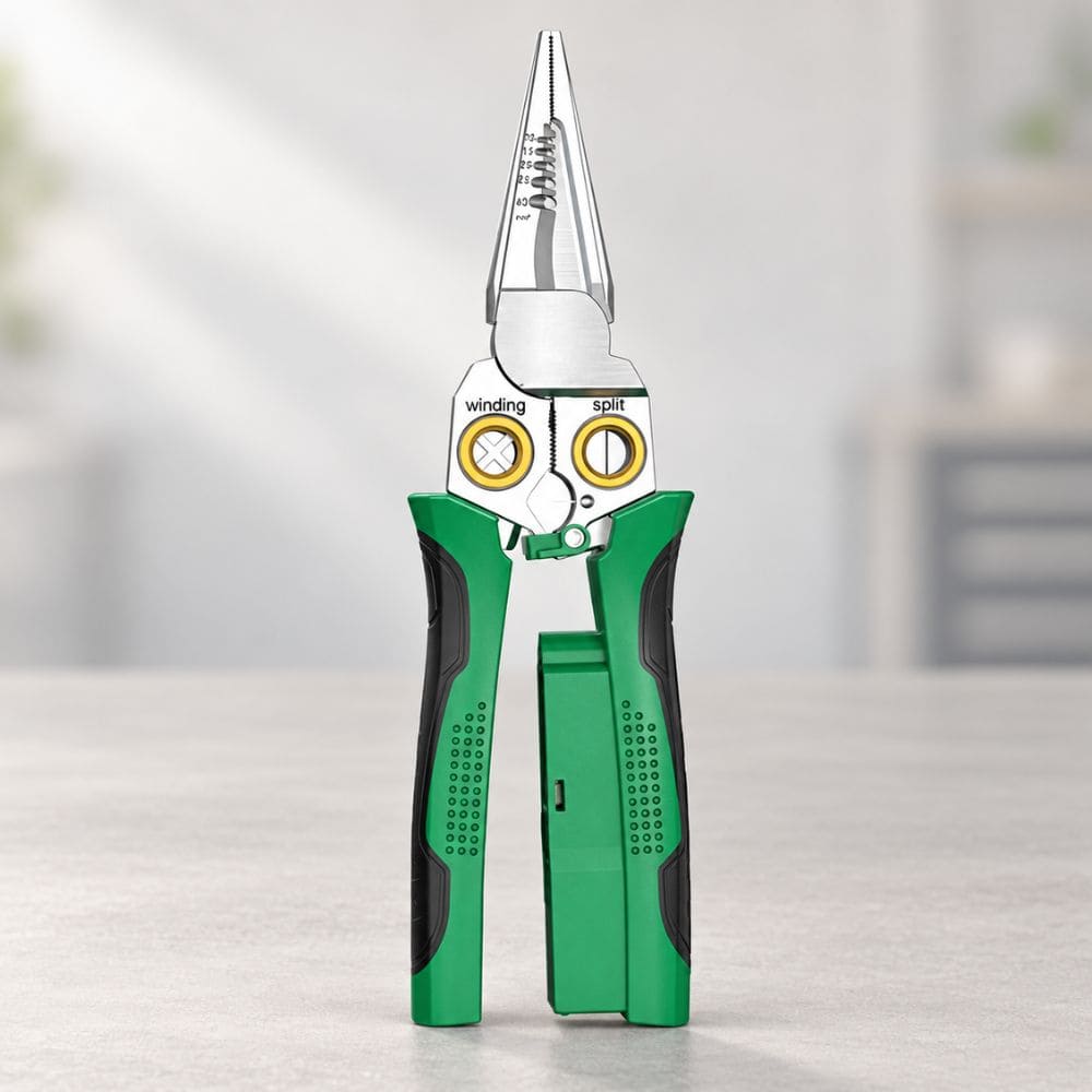 Green and black 8-in-1 multifunction electrician pliers standing upright on a grey tabletop.