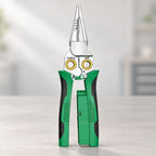 Green and black 8-in-1 multifunction electrician pliers standing upright on a grey tabletop.