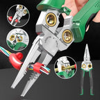 Hand using the multifunctional pliers showing detailed close-ups of wire shearing, stripping, and winding functions.