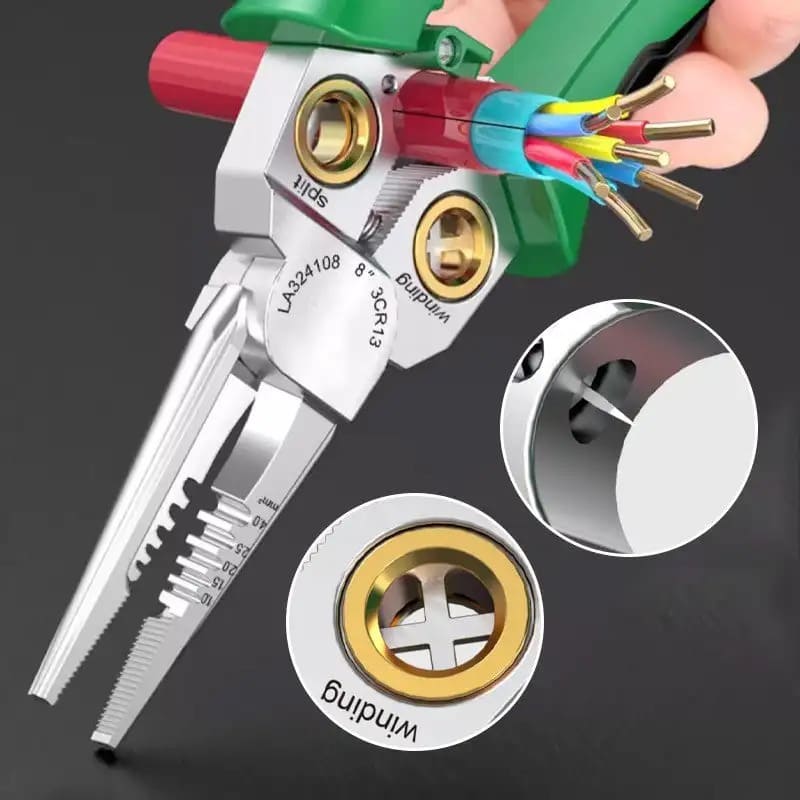 Close-up of the pliers stripping multiple colored electrical wires with insets of the wire threading and winding holes.