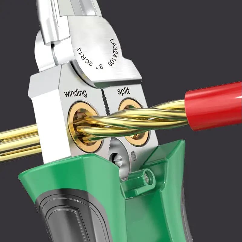 Detail of the winding mechanism twisting bare copper electrical wires together inside the plier jaw base.