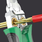 Detail of the winding mechanism twisting bare copper electrical wires together inside the plier jaw base.