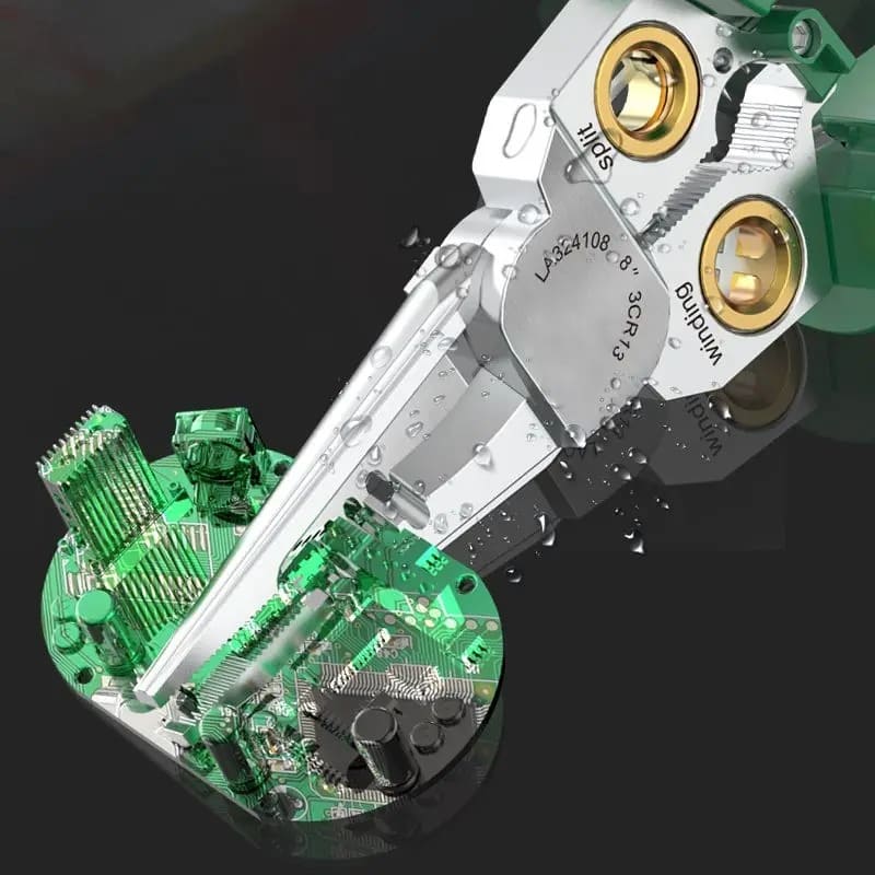Corrosion-resistant stainless steel pliers placed over an electronic circuit board with water droplets.