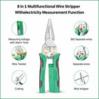 Infographic showing key tool functions: voltage testing with alarm, wire separation, twisting, stripping, and cutting.