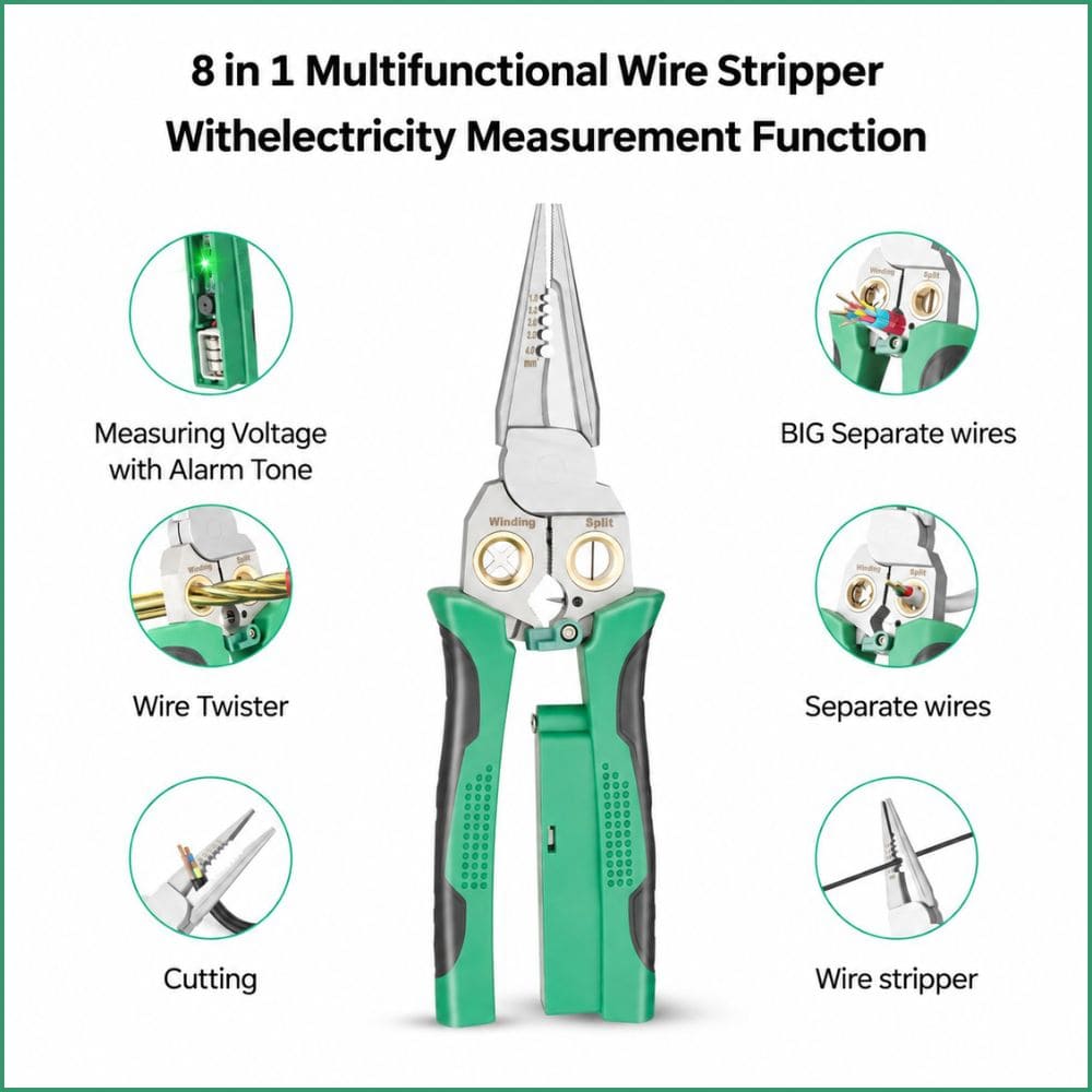 Infographic showing key tool functions: voltage testing with alarm, wire separation, twisting, stripping, and cutting.