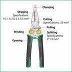 Diagram of the electrician scissors labeling precise specifications for clamping, stripping, cutting, winding, and splitting.