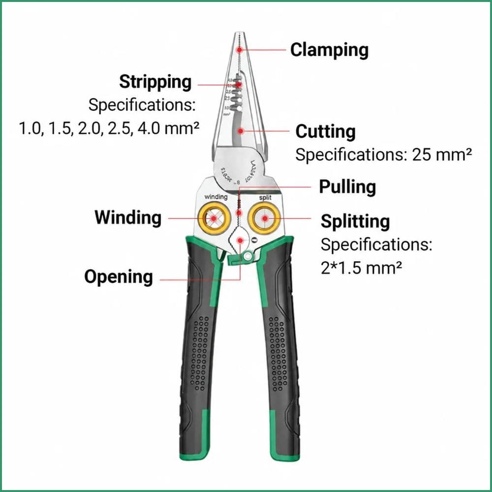 Diagram of the electrician scissors labeling precise specifications for clamping, stripping, cutting, winding, and splitting.