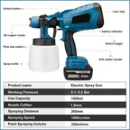 Diagram of the cordless paint sprayer labeling key parts and a specification table showing working pressure, container capacity, and flow volume.