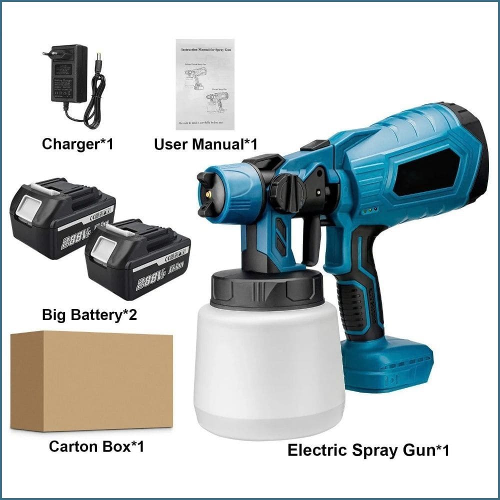 Complete cordless paint sprayer kit including two rechargeable lithium-ion batteries, charger plug, user manual, and packaging box.