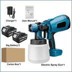 Complete cordless paint sprayer kit including two rechargeable lithium-ion batteries, charger plug, user manual, and packaging box.