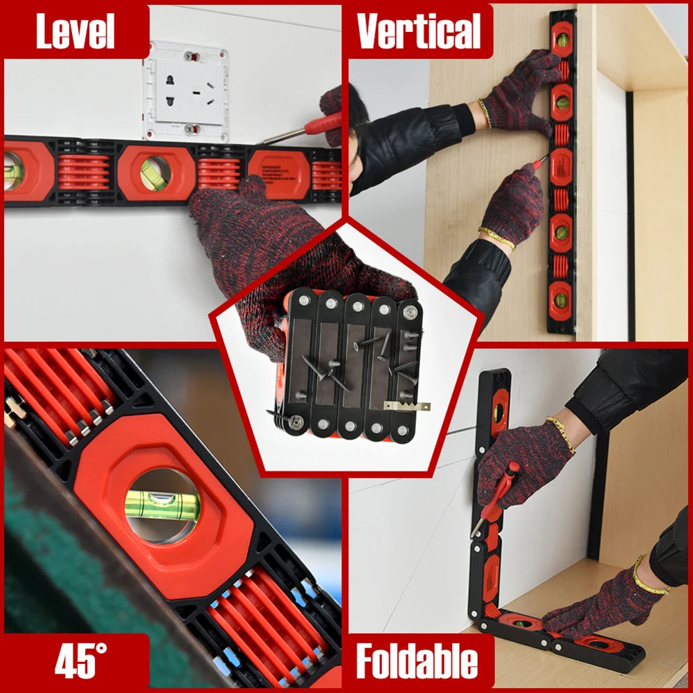 Four-quadrant collage demonstrating level, vertical, 45-degree, and 90-degree foldable corner measuring applications.