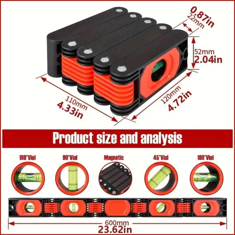 Dimensional diagram detailing the folded size of 120 by 110 by 52 mm and extended 600 mm length with 180, 90, and 45-degree vials.