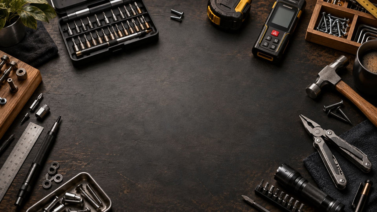 Tools & More workbench with precision screwdriver set, digital laser measure, multi-tool pliers, and home improvement hardware